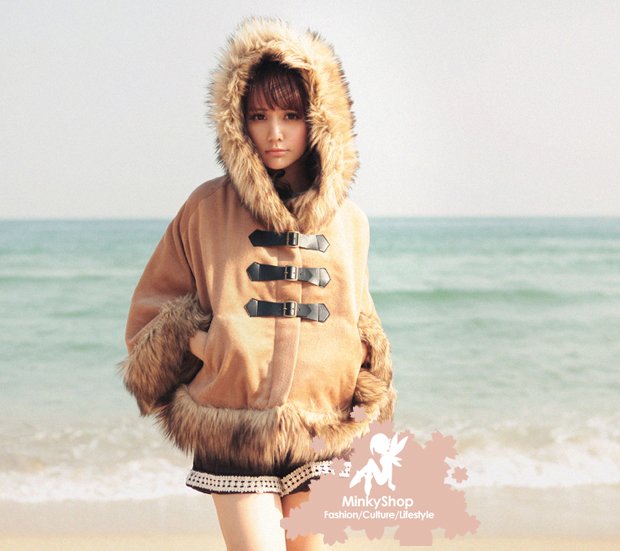Fur Trim Hooded Duffle Cape Coat 