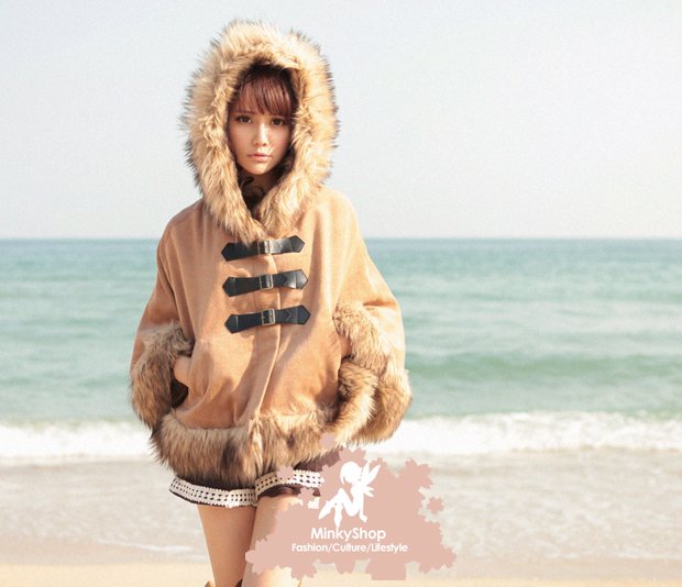 Fur Trim Hooded Duffle Cape Coat