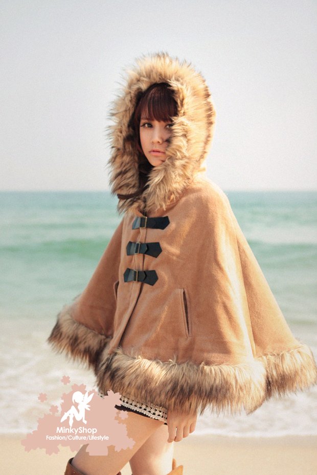 Fur Trim Hooded Duffle Cape Coat 