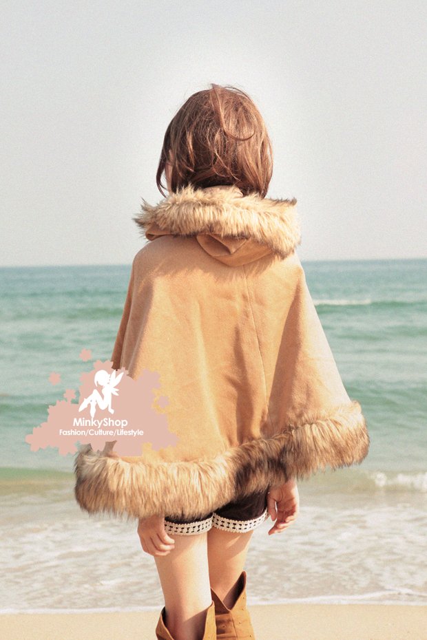 Fur Trim Hooded Duffle Cape Coat 