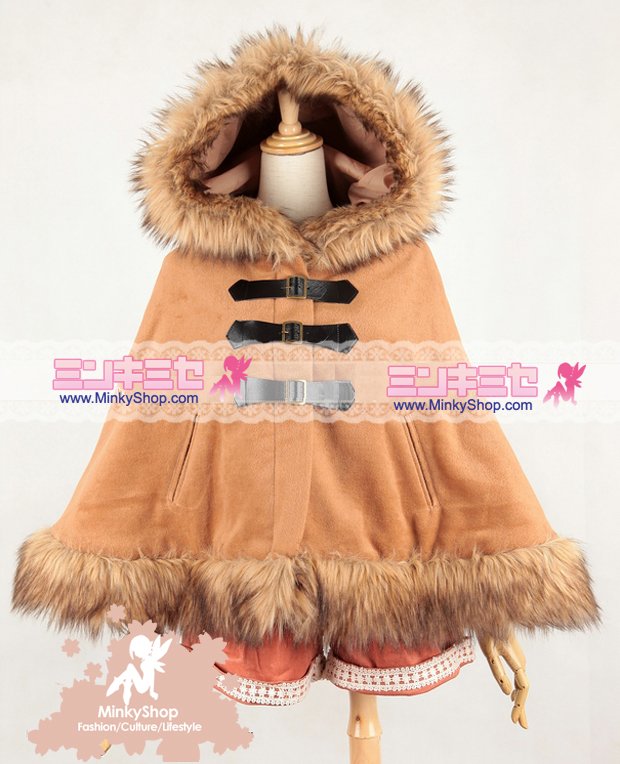 Fur Trim Hooded Duffle Cape Coat 