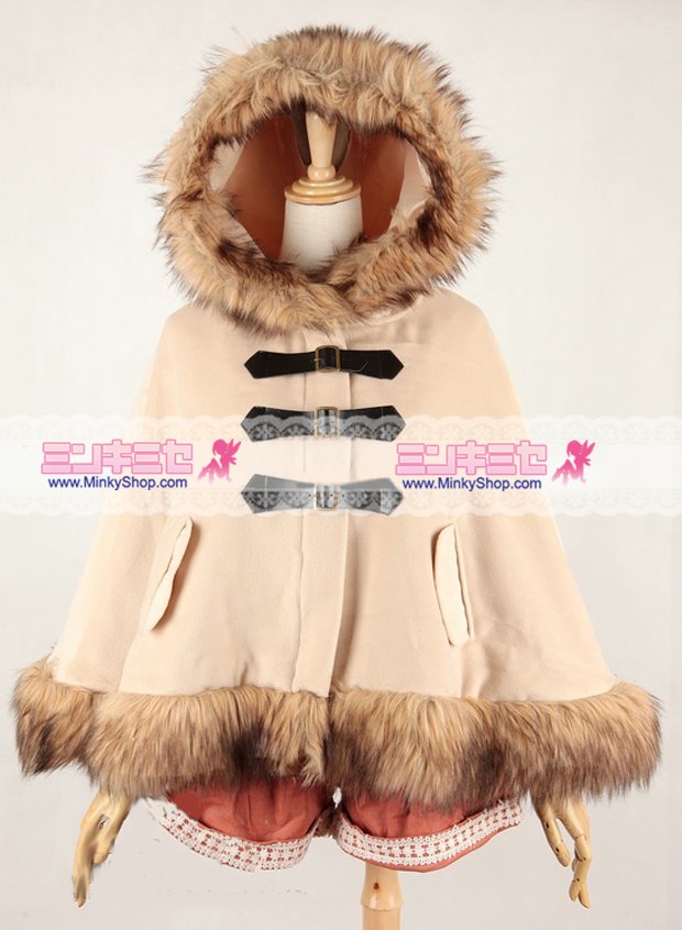 Fur Trim Hooded Duffle Cape Coat 