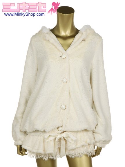 Japanese Fur-Rimmed Fleece Hoodie & Lacey Shorts SET