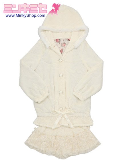 Japanese Fur-Rimmed Fleece Hoodie & Lacey Shorts SET